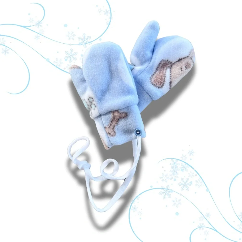 Fleece Double lined Toddler Hat and Mitten Set -Puppies on blue